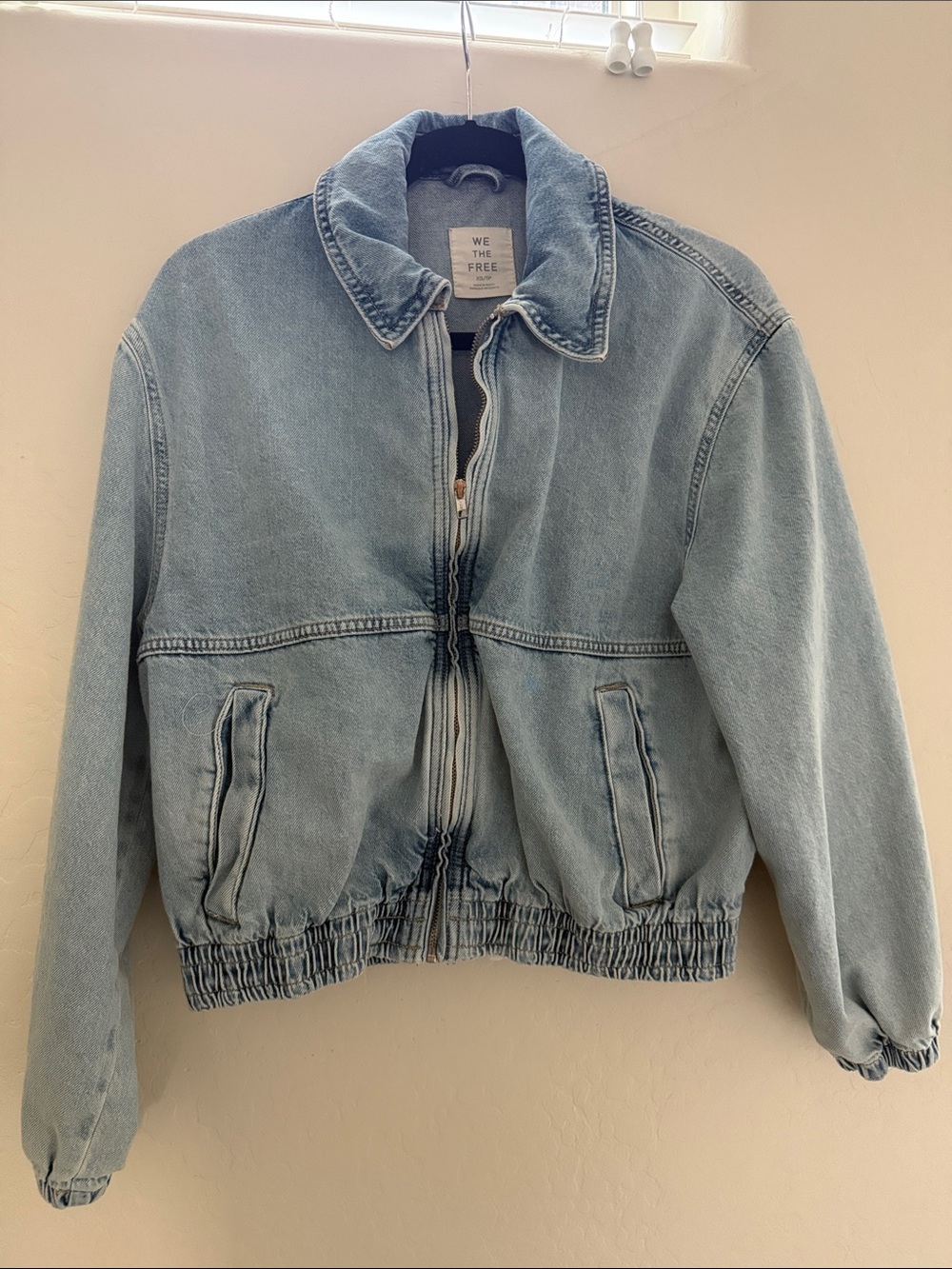 We The Free Pale Blue Denim Bomber Jacket